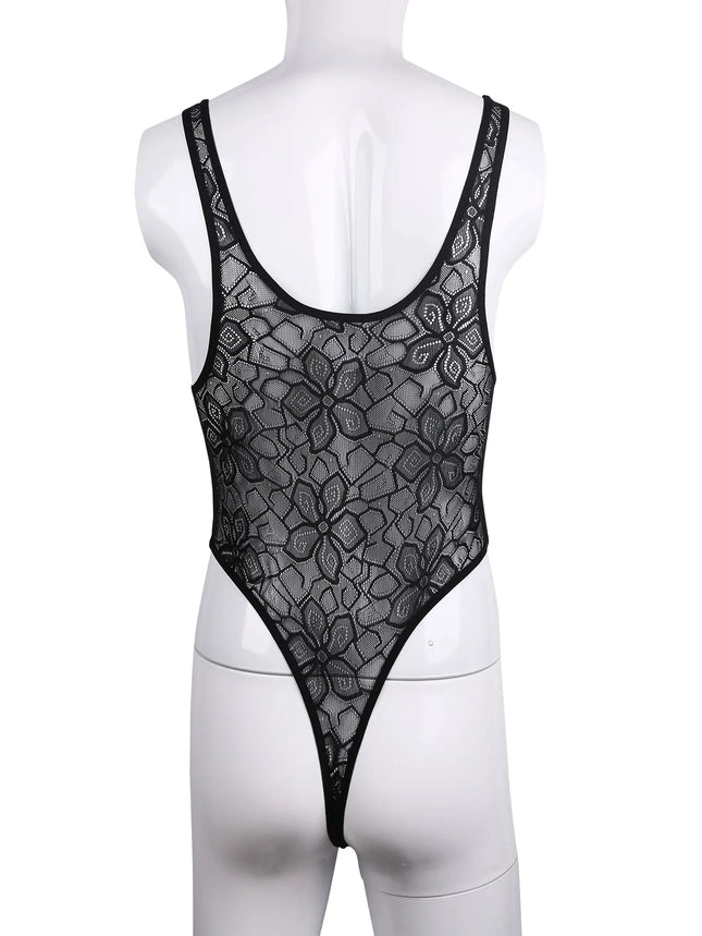 Men's One-piece High Cut G String Underwear Wrestling Singlet Leotard Sheer Bodysuit Thongs Sissy Lingerie See Through Nightwear