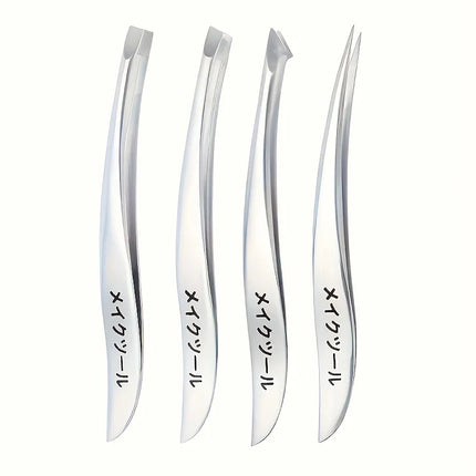 4pcs Precision Stainless Steel Tweezers Set - Eyebrow, Nose & Facial Hair Removal, Fragrance-Free, Glossy Finish