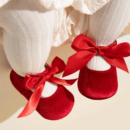 Newborn Baby Girls Dress Shoes Bowknot Ribbon Princess Infant Toddler Rubber Non-slip Flat First Walkers Crib Shoes Mary Jane