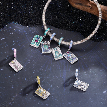 WOSTU 925 Sterling Silver Colorful Tarot Cards Charm Pendent Magic Star Moon Sun Lover Bead Fit DIY Bracelet Necklace Women Gift