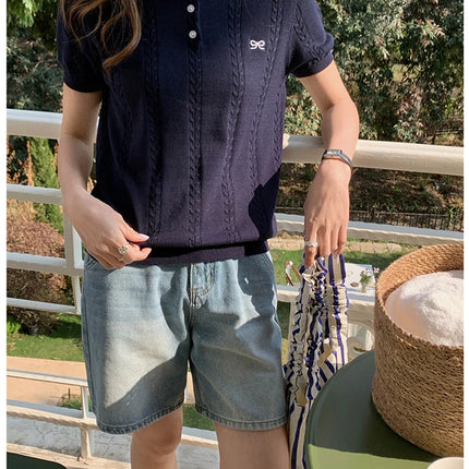 Summer 100% cotton women's T-shirt casual knit pullover short sleeved loose POLO collar Tees Pull luxury brand embroidery Tops