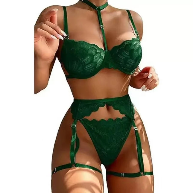 Women's Sexy Lingerie Set Floral Lace Underwear Suit for Women Mesh Hollow Out Bra Suits Female Bra Thongs Three-Piece Lingerie