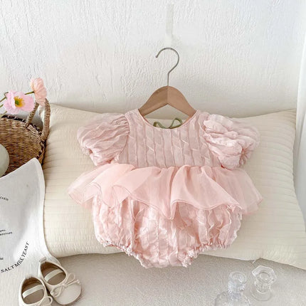 Children's Summer New Bubble Sleeve Short Sleeved Jumpsuit, Baby Children's Sweet Tulip Backless Lace Clothing