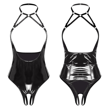 Womens PU Leather Hollow Out Lingerie Bodysuit Wet Look Strappy Halter Neck Open Chest Backless Crotchless High Cut Catsuits