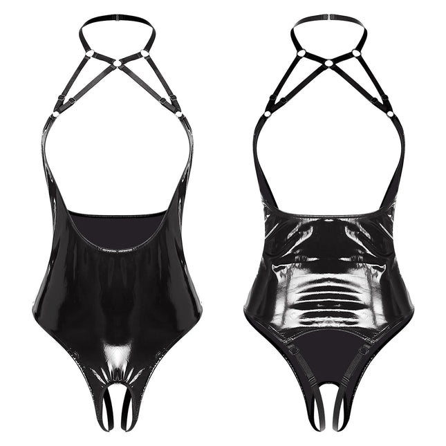 Womens PU Leather Hollow Out Lingerie Bodysuit Wet Look Strappy Halter Neck Open Chest Backless Crotchless High Cut Catsuits