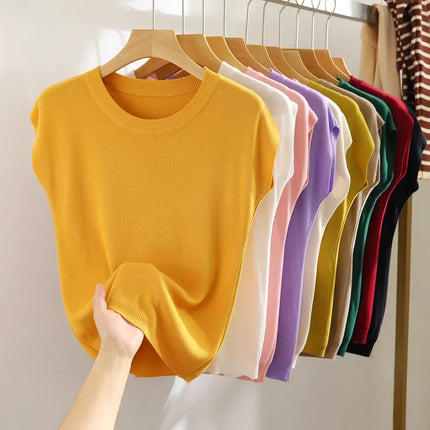 Ice Silk Knitted Top Women's Summer Thin Shoulder Drop Round Neck Short Sleeve T-shirt Pure Color Commute Style Outerwear
