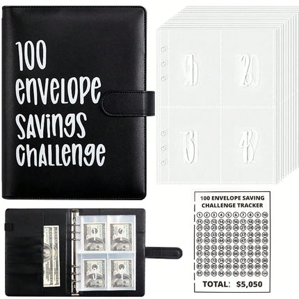 100 Envelope Savings Challenge Binder, PU Leather Budget Planner Book, Money Saving Challenge Notebook for Cash Budgeting Financial Planning