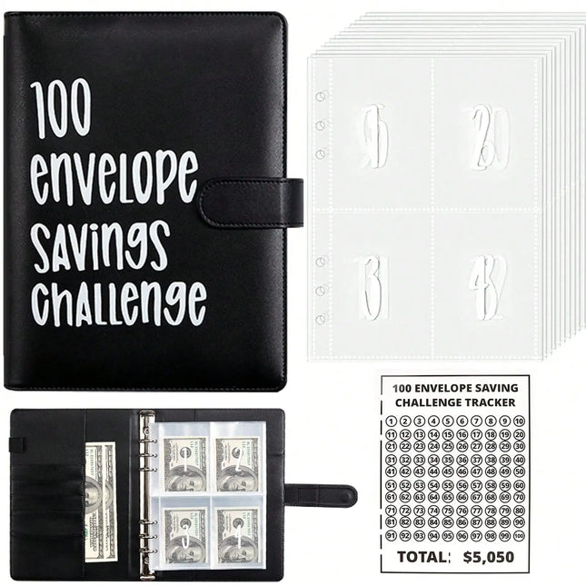 100 Envelope Savings Challenge Binder, PU Leather Budget Planner Book, Money Saving Challenge Notebook for Cash Budgeting Financial Planning