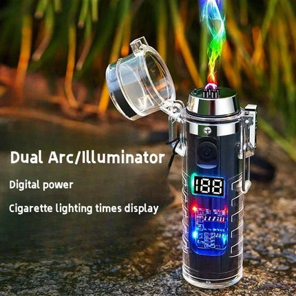 Waterproof Outdoor Camping Compass Dual Arc Type-C Plasma USB Electric Lighter Multi-Function Flashlight Survival Ignition Tool