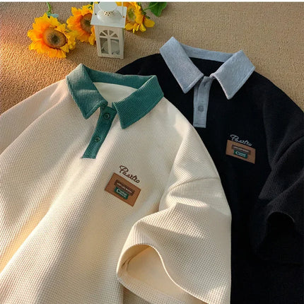 Men's Summer Style American Vintage Polo Shirt Versatile Cotton Half Sleeve T-shirt Loose Fit Casual Clothing
