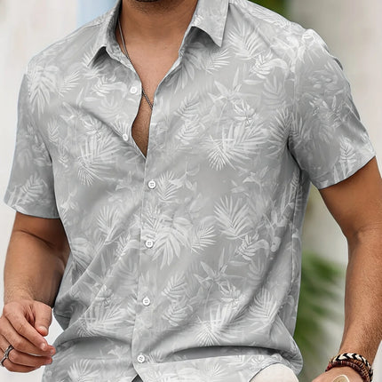 Men's Tropical Palm Leaf Print Short Sleeve Button-Up Shirt Casual Summer Style, Machine Washable, Beach Attire Casual Shirt