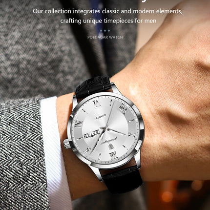 POEDAGAR Classic Luxury Men's Wristwatch Date Week Leather Business Man Watch Waterproof Luminous Fashion Quartz Watches For Men