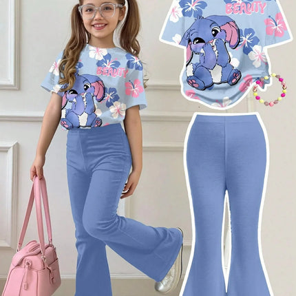 Kids Girls Stitch Cartoon Print 2Pcs Outfit Short Sleeve Floral T-Shirt + Blue Flare Pants Soft Casual Daily Wear Children Set