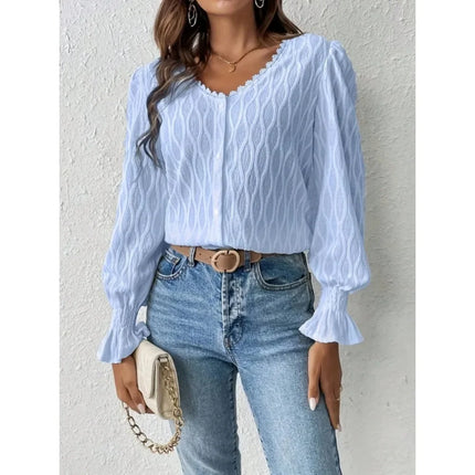 Plus Size 1XL-5XL New Women's V-neck Lace Trimmed Front Round Neck Long Sleeved Blouse Women Casual Long Sleeved Lapel Shirt