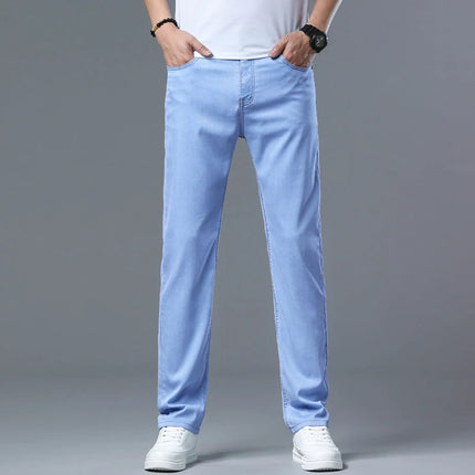 2026 Summer New Men's Sky Blue Slim Stretch Jeans Lyocell Thin Style Fashion Casual Ice silk Denim Pants Male Brand Trousers