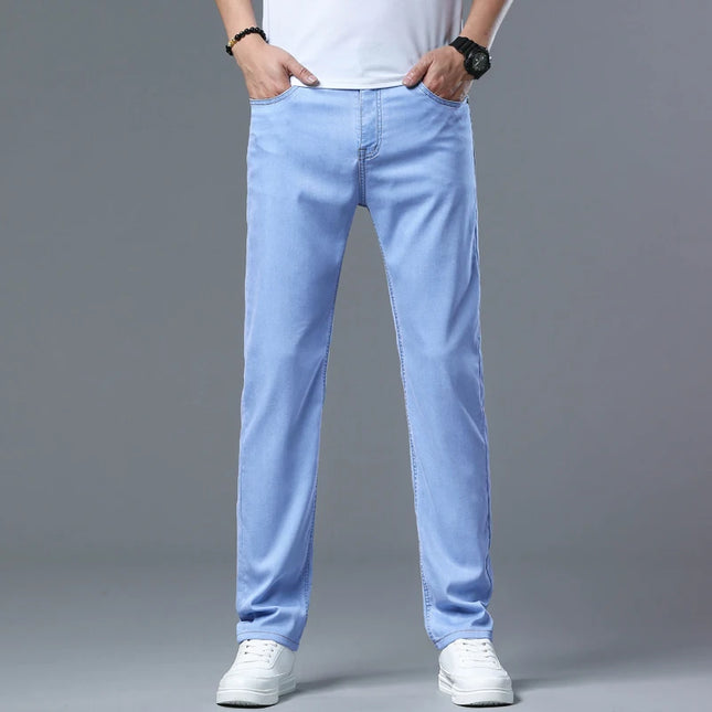 2026 Summer New Men's Sky Blue Slim Stretch Jeans Lyocell Thin Style Fashion Casual Ice silk Denim Pants Male Brand Trousers