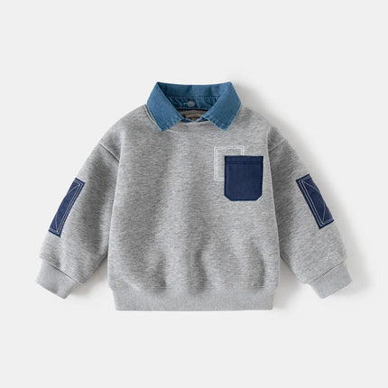 Fleece Padded False Denim Kids Tops Sweatshirt Patchwork Style Fashion Warm Kids Boys Pullover Casual Coat for Winter