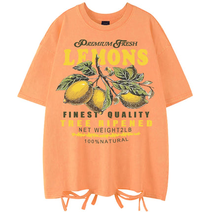 Premium Fresh Lemons Fruit Print Women Washed T-Shirts Y2K Comfortable Short Sleeve Loose All-Match T-Shirt Cotton Hip Hop Top