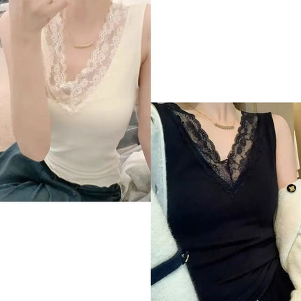 Spring Autumn Women's Slim Fit Lace Trim V-Neck Strap Vest Top Slim Inner Wear Base Layer Sweet Style Elastic Fiber