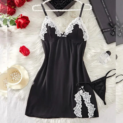 Night Sets Adult Micro Dress V Neck Babydoll Women's Pajamas Sexy Costume Lace Nightgowns Sexi Sleepdress Underwear Thongs Suit