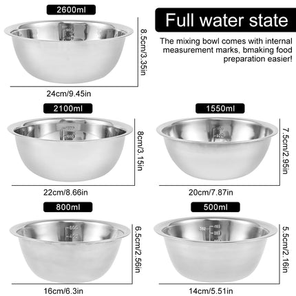 5Pcs Salad Mixing Bowl Set Stainless Steel Multipurpose Soup Basin 5 Sizes Nesting Bowls for Kitchen Cooking Baking Food Storage