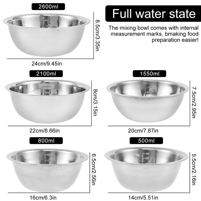 5Pcs Salad Mixing Bowl Set Stainless Steel Multipurpose Soup Basin 5 Sizes Nesting Bowls for Kitchen Cooking Baking Food Storage