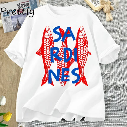 Sardines Graphic Tee Trendy Fish T-shirt Casual Short Sleeve Cotton T Shirt Streetwear Round Neck T-shirt Streetwear Cool Tees