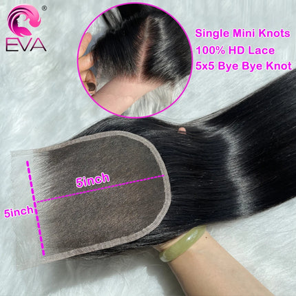 Eva Hair Bye Bye Knot 5x5 HD Lace Closure Pre Plucked Straight Human Hair Closures Mini Single Knot HD Lace Melted All Skins