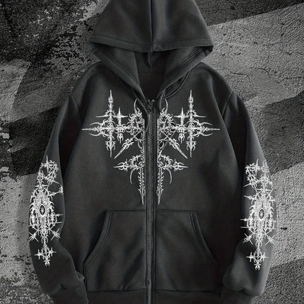 Unisex Gothic Dark Print Zip-Up Hoodie Trendy Streetwear Casual Everyday Fashion Unisex Style Holiday Gift