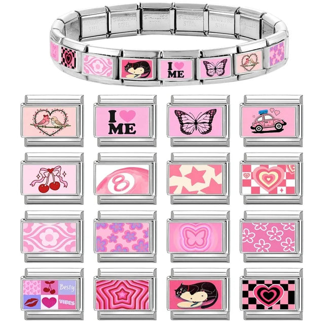 Wholesale Sweet Pink Series Stars Heart Flowers Butterfly Italian Link Fit 9mm Stainless Steel Bracelet Making DIY Charm Jewelry