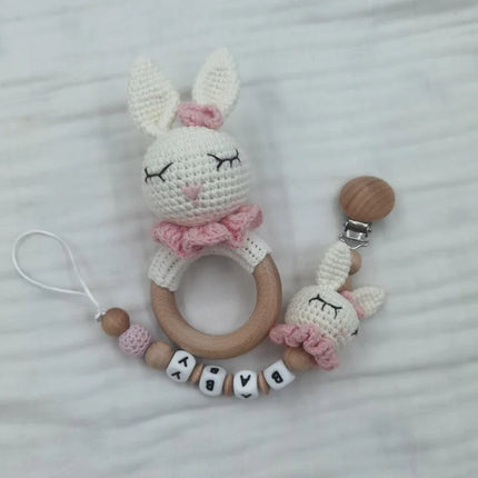 Baby Rattle Crochet Bear Teether Rattle With Bells Pacifier Chain Newborn Montessori Educational Toy Wooden Rings Baby Toys