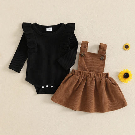 0-18months Baby Girl Spring Fall Outfit Solid Ruffled Long Sleeve Crew Neck Romper with Corduroy Suspender Overalls 2 Pcs Set
