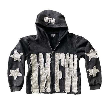 star pattern patchwork sweater letters long-sleeved pullover hoodie loose and fashionable trendy original street style vintage