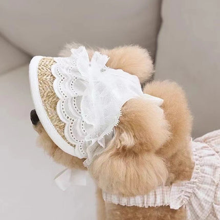 Summer Pet Sunshade Hat Adjustable Elastic Hat Fashionable And Versatile Lace Bow dog cat Hat
