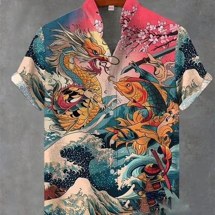 New men's short sleeved linen shirt with geometric pattern 3D printing, Hawaii casual vacation fashion lapel button top