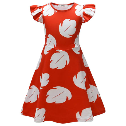 Disney Anime Lilo&Stitch Cartoon Dress for Girls Summer Hawaiian Red Leaf Print Kids Cosplay Knee Length Flying Sleeves Dresses