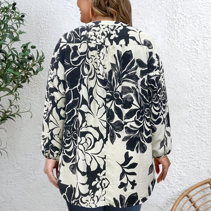 Plus Size Women's Black White Floral Print Top Round Neck Half Placket Long Sleeve Loose