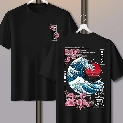 Men's Casual Tokyo Island Sunset Wave Print 100% Cotton T-shirt Short-sleeved Summer Breathable Street Trend Loose Comfortable