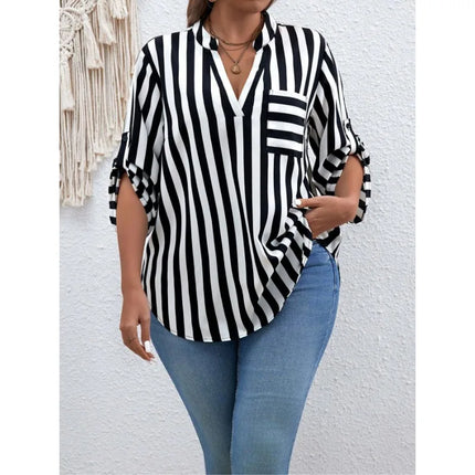 Plus Size 1XL-5XL Women's Fashion Striped Printed Short Sleeve Shirt Ladies Casual  Lapel Shirt Loose And Elegant Button Shirt