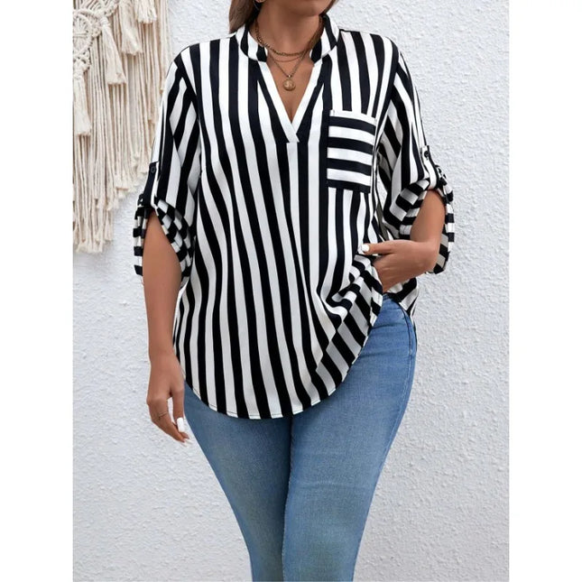 Plus Size 1XL-5XL Women's Fashion Striped Printed Short Sleeve Shirt Ladies Casual  Lapel Shirt Loose And Elegant Button Shirt