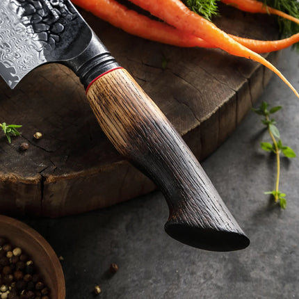XINZUO 1-6-Piece Damascus Knife Set 67-Layer Steel White Oak Red G10 Handles Paring Utility Cleaver Santoku Bread Knife