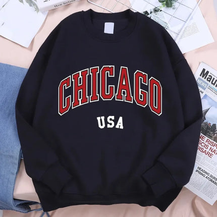 Chicago USA Classic City Graphic Clothing Sweatshirt Man Harajuku Loose Clothes O-Neck Pullover Menswear Fleece Fleece Pullover