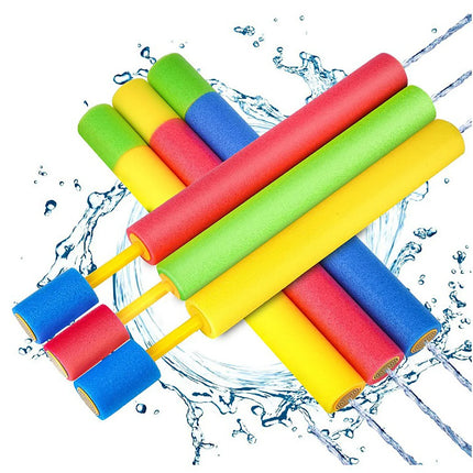 Children pull foam water gun to fight water fights manually, and many people interact on outdoor beach in summer