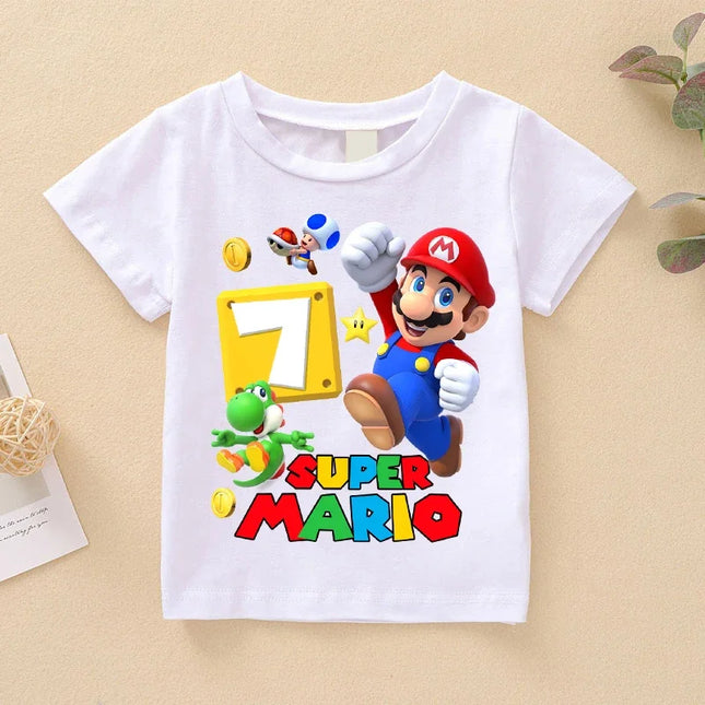 Super Marioes Bros Cute T-shirts for Boys Girls Cartoon Number Printed Birthday T-shirt Children Anime Fashion Short-sleeved Top