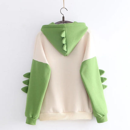 Winter cartoon printed dinosaur color blocked hoodie, campus casual and cute style