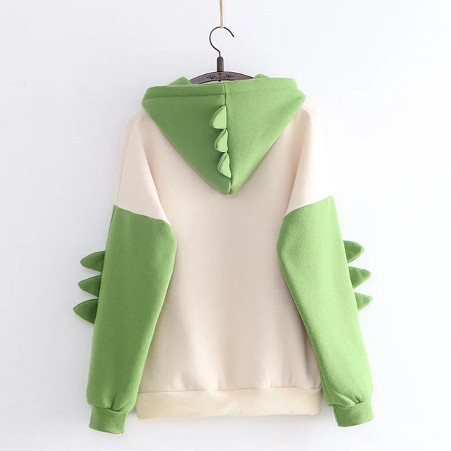 Winter cartoon printed dinosaur color blocked hoodie, campus casual and cute style