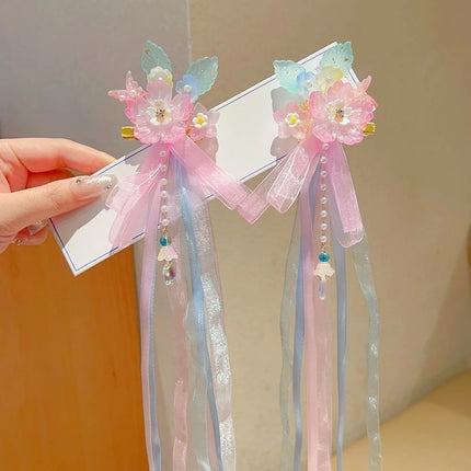 Fairycore Floral Hair Clips with Ribbons & Tassels - Traditional Chinese Hair Accessories for Hanfu | Gift for Girls