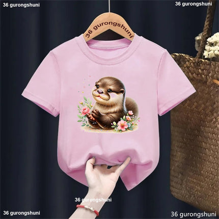 Harajuku Kawaii Kids Clothes Funny Otter Love Flowers Animal Printed T-shirt Girls/Boys Summer Fashion T-shirt Tops