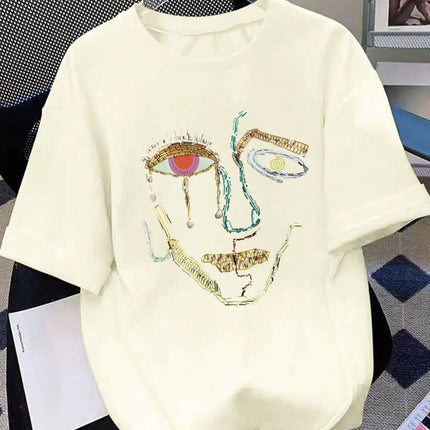 100% Cotton T-Shirts For Women Color Graffiti Woman's Face Printing Clothes Street Fashion Tops Loose Casual Short Sleeve Tees