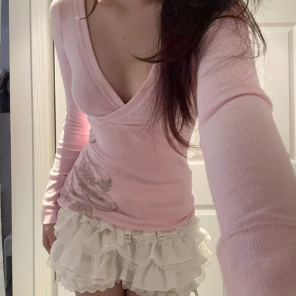Pink Floral Print Women Fairy Y2K T-shirt Coquette V Neck Long Sleeve Tees Autumn Spring Casual Pullovers Tops Vintage Clothes